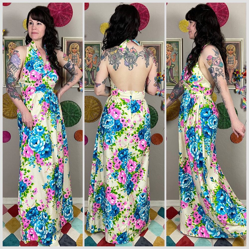 Vintage 1970s Pink and Blue Floral Cotton Open Back Halter Maxi Dress - Picture 3 of 8